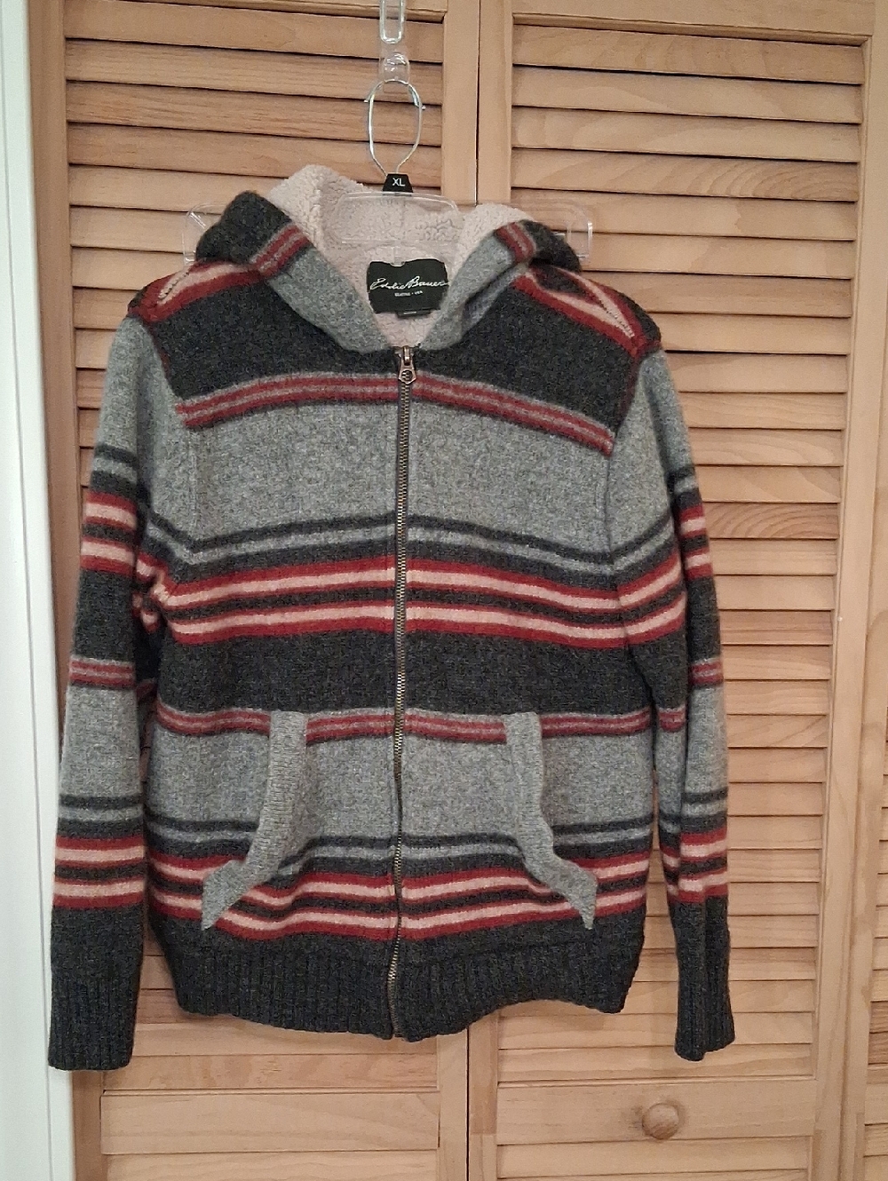 Eddie Bauer Gray Red Striped Hooded Zip Wool Sweater Jacket